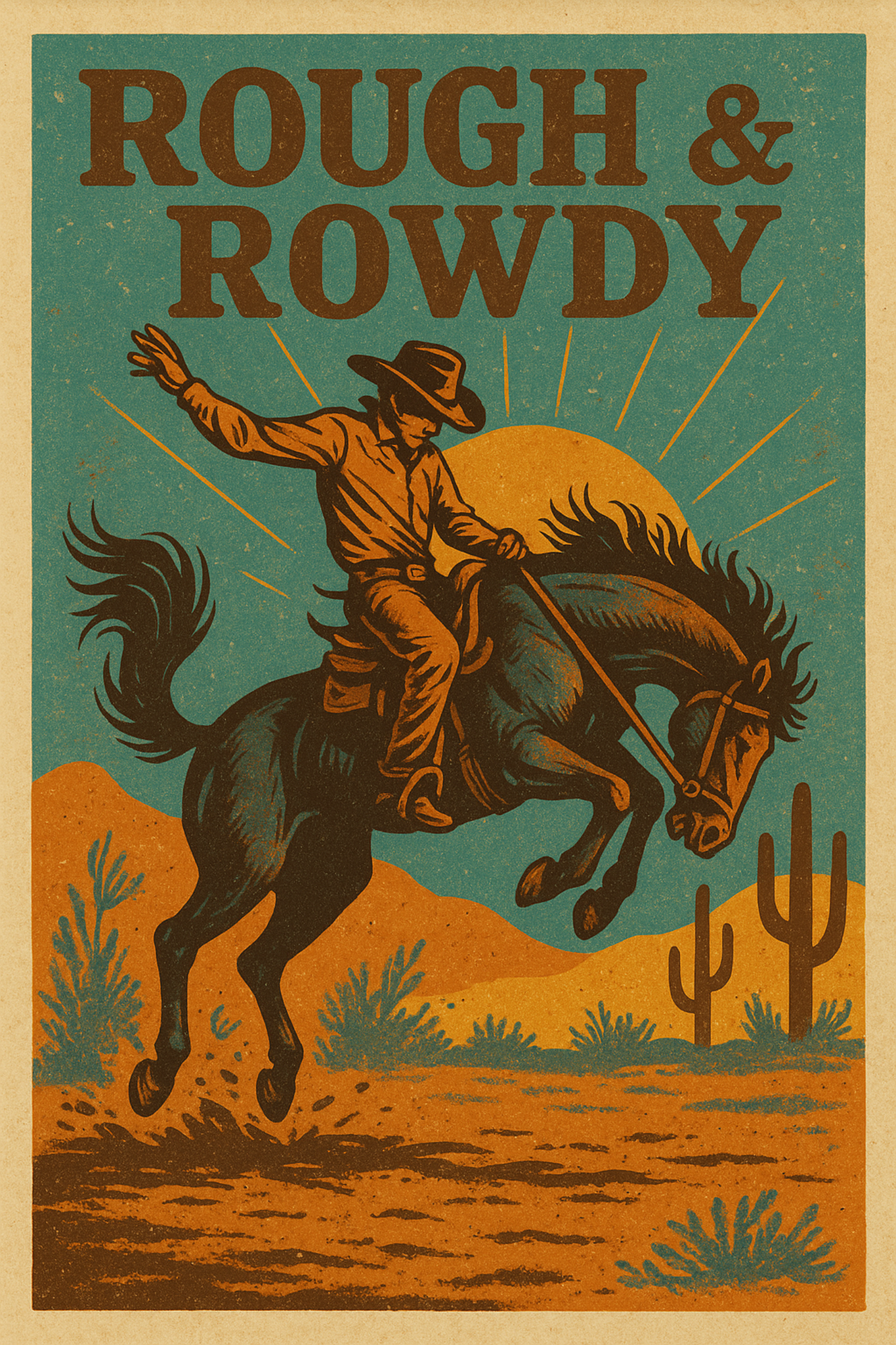 Vintage-style poster with a cowboy riding a bucking horse against a desert landscape.