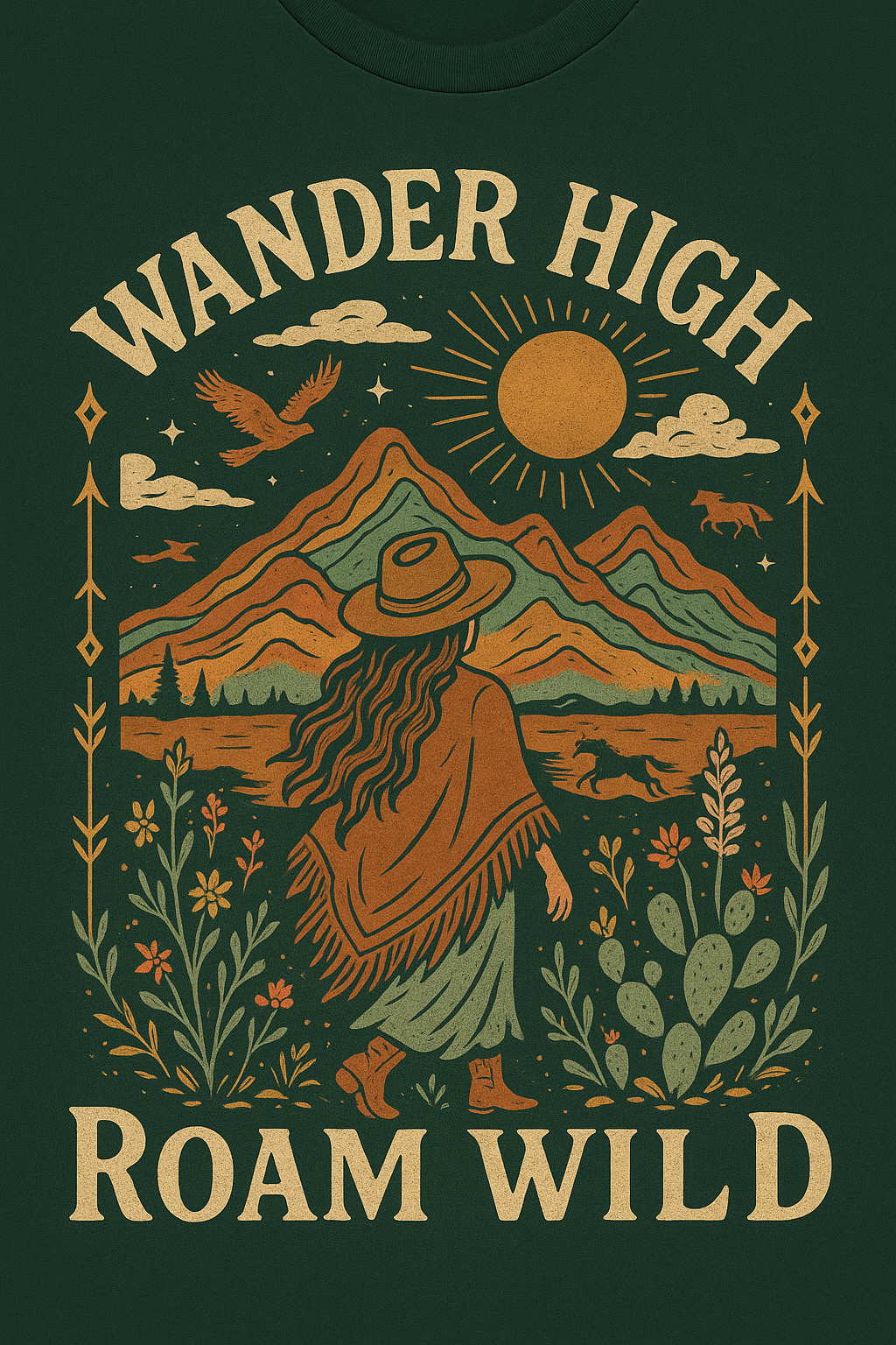 T-shirt design with a person in a hat and poncho walking in nature, mountains, sun, and animals, with 'Wander High Roam Wild' text.