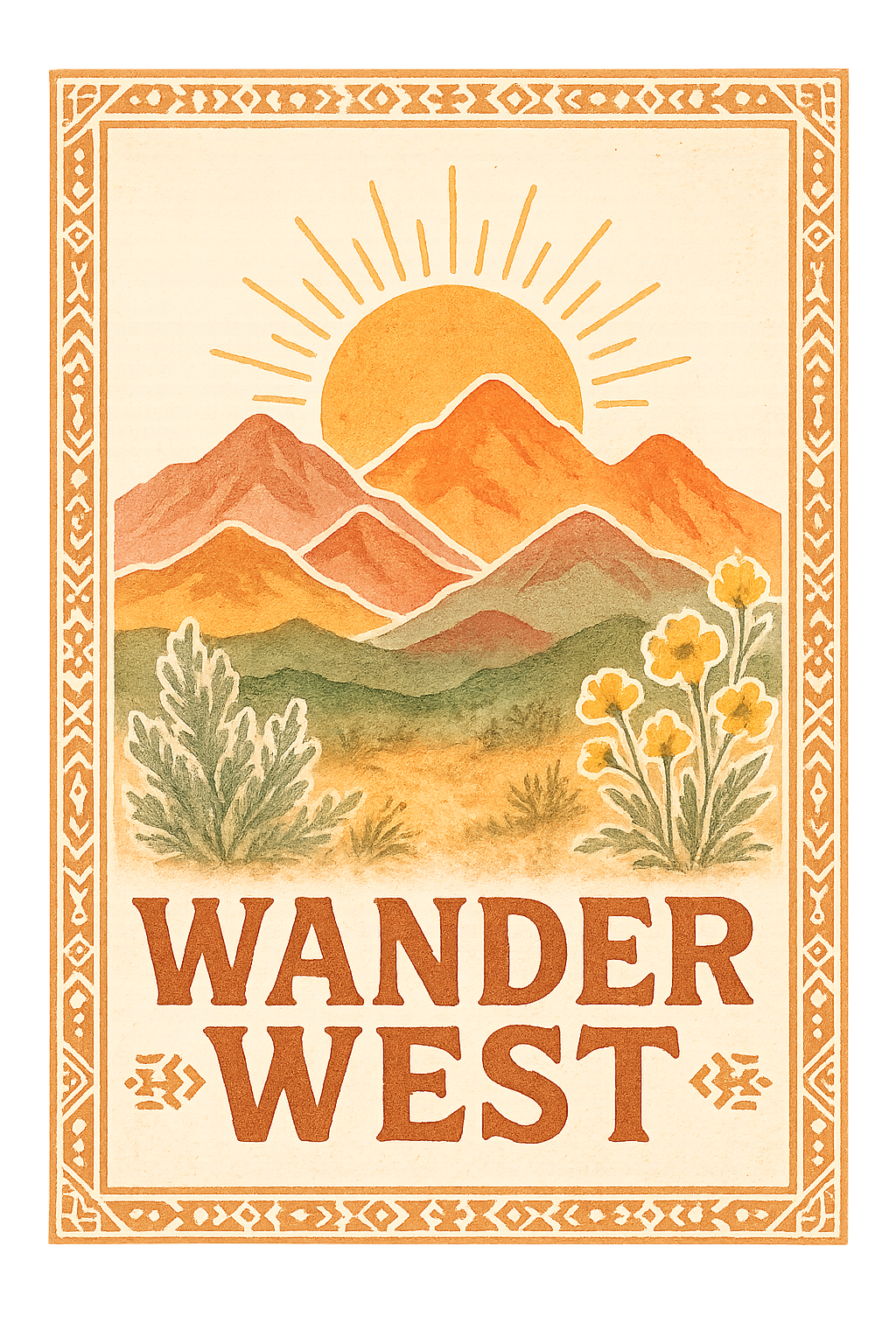 Vintage-style poster with mountains, sun, and 'Wander West' text on a beige background.