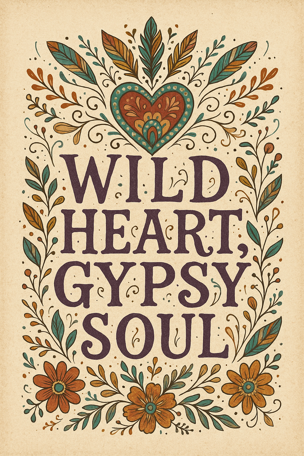 Decorative poster with 'Wild Heart, Gypsy Soul' text surrounded by floral and leaf patterns on a beige background.