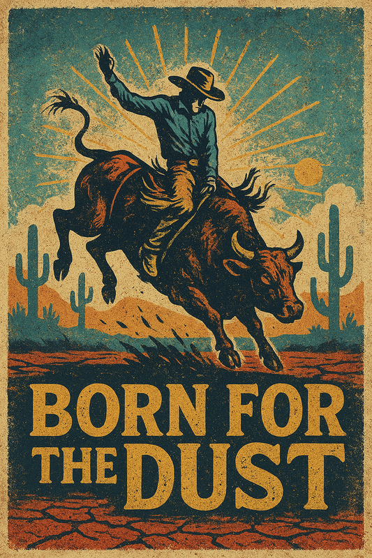 Vintage-style poster with a cowboy riding a bucking bull against a desert landscape with cacti and a sun.