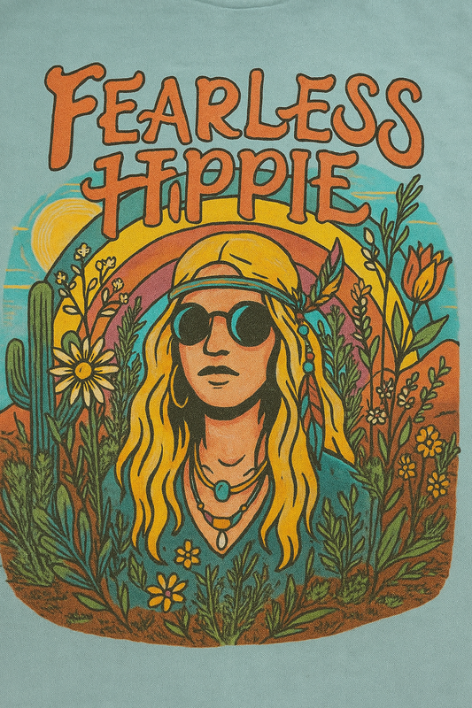 T-shirt with 'Fearless Hippie' design featuring a person with long hair and sunglasses, surrounded by nature elements.