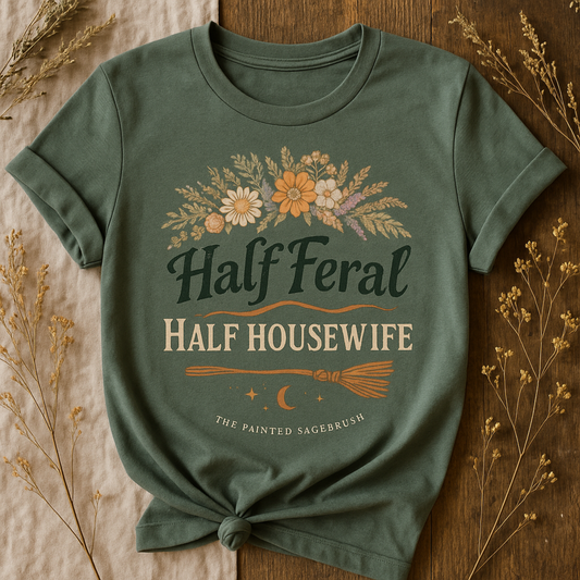 Green t-shirt with floral design and text on a wooden surface with dried plants.
