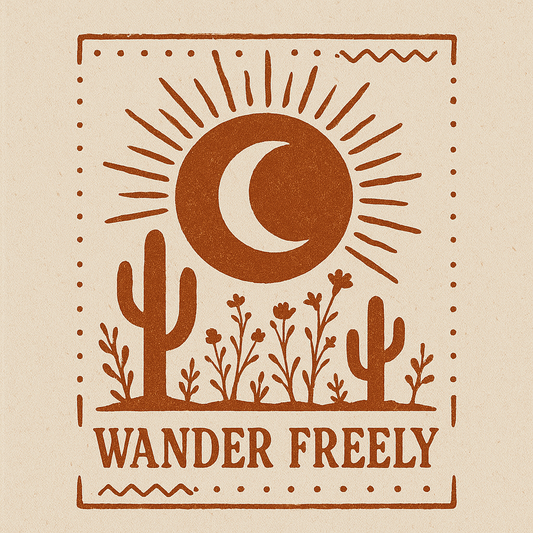 Decorative design with cacti, flowers, and a moon, featuring the text 'Wander Freely' on a beige background.