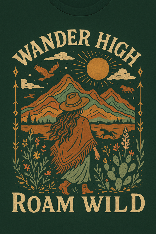 T-shirt design with a person in a hat and poncho walking in nature, mountains, sun, and animals, with 'Wander High Roam Wild' text.