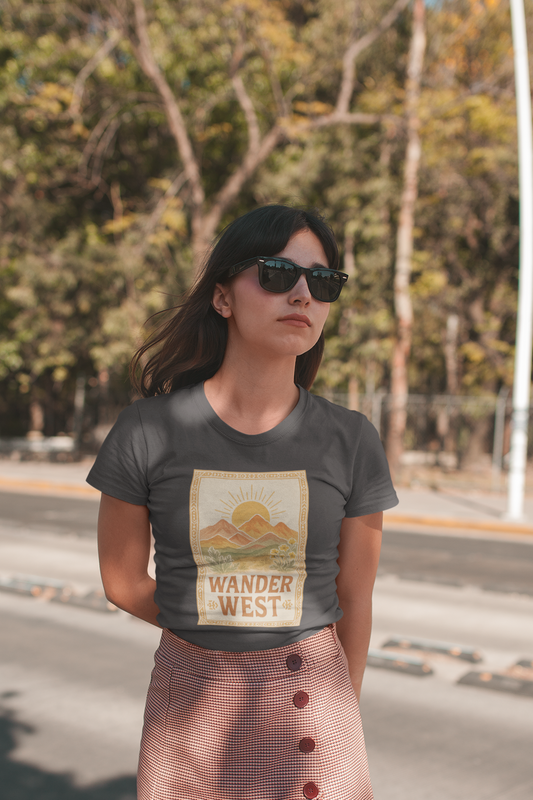 Women's Wander West graphic t-shirt from The Painted Sagebrush, cotton-poly blend, available in black, white, military green, turquoise, and lilac.